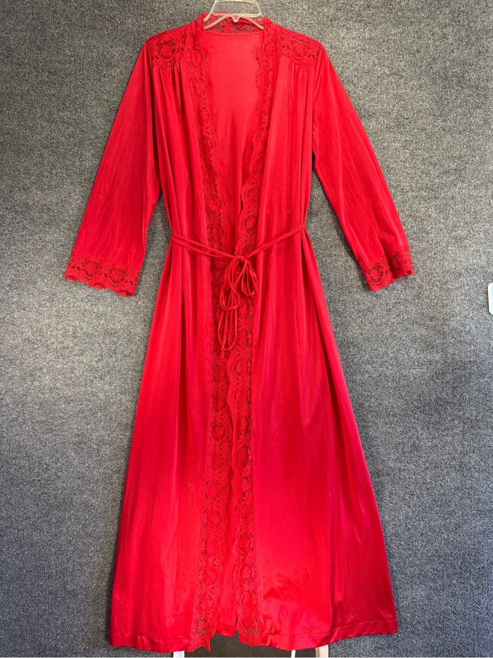 Vintage Olga Red Lace-Trim Long Satin Robe - Christmas valentine sexy